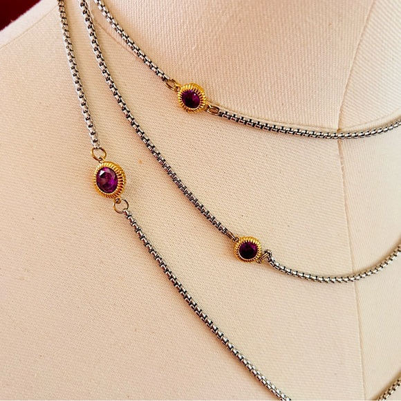 Vintage Bezel-Set Amethyst Crystal X-Long 55" Gold Plated & 926 Silver Necklace - Picture 4 of 14